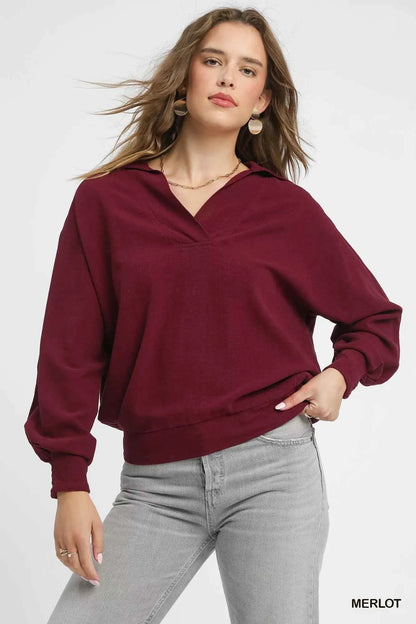 Umgee Linen Long Sleeves Elastic Hem Blouse