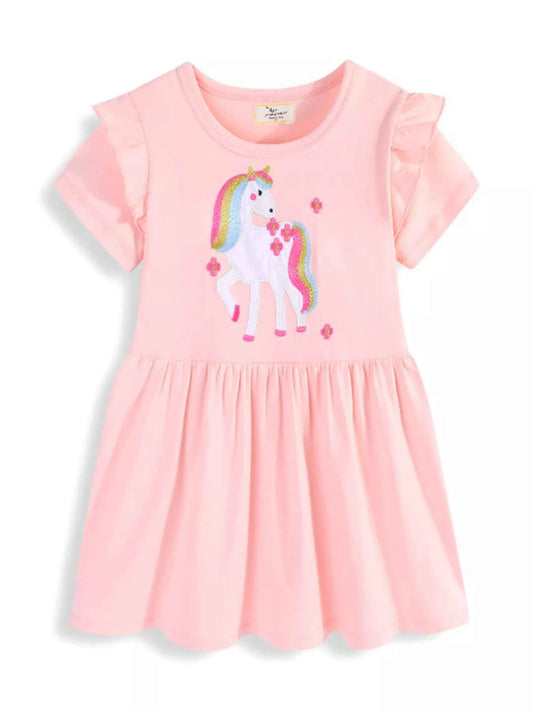 Children's Cute Unicorn Applique Ruffle Sleeve Dress