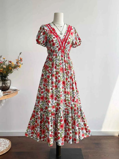 Floral Print V-Neck Ruffle Hem Midi Dress