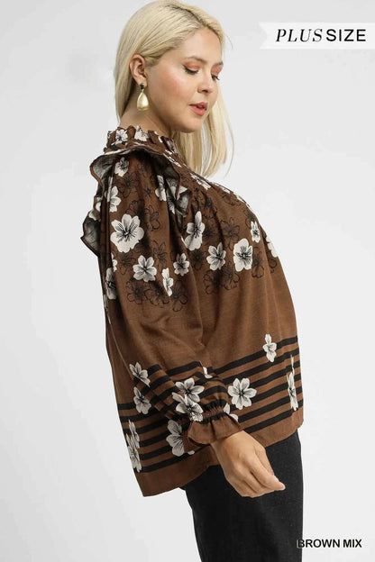 Umgee Full Size Mix Floral Smocked Ruffle Blouse Plus Size