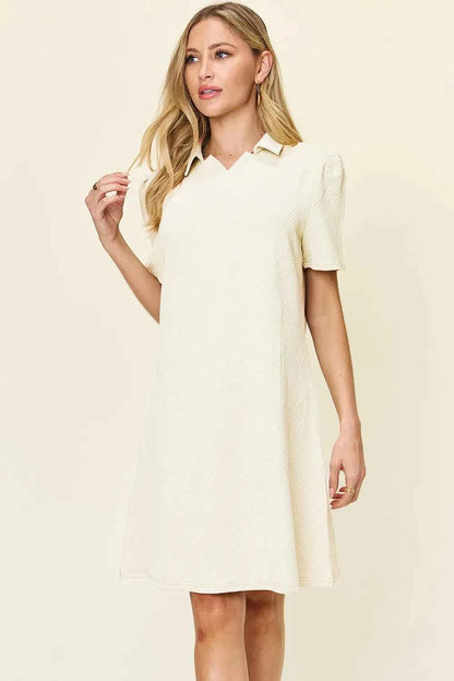 Double Take Full Size Texture Collared Neck Short Sleeve Dress