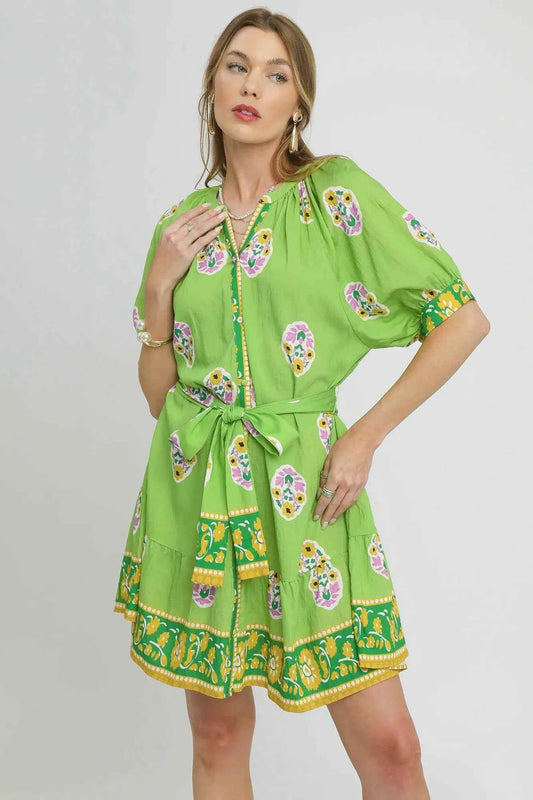 Umgee Floral Print Tie Waist Short Sleeve Dress