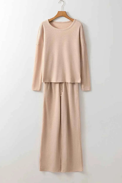 Round Neck Long Sleeve Top and Drawstring Pants Lounge Set