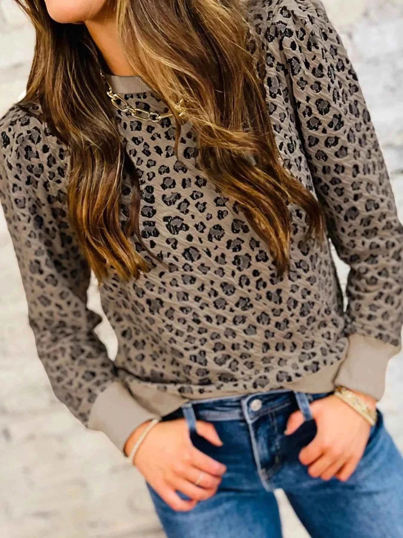 Ribbed Trim Leopard Print Long Sleeve Top
