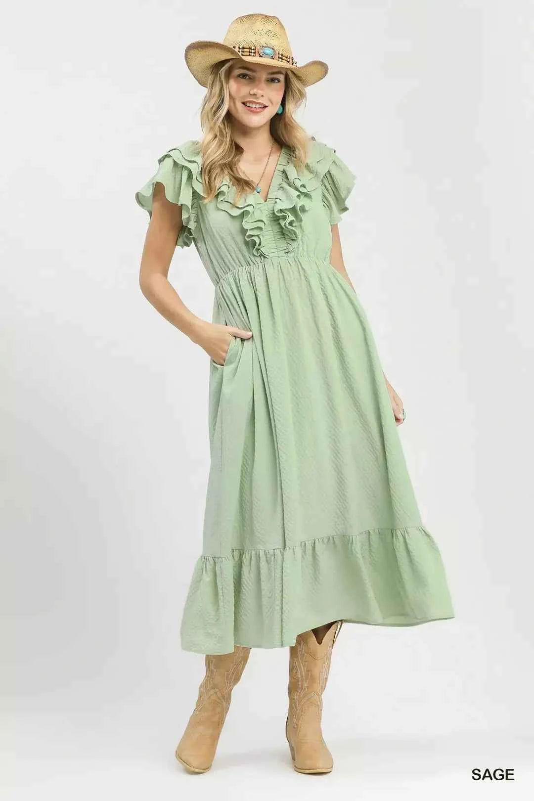 Umgee Textured Ruffle Midi Dress