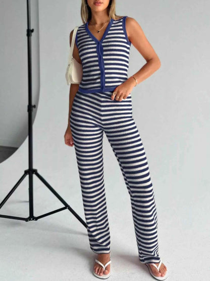 Striped Knit V-Neck Button-Up Sleeveless Top and Flare Pants Set