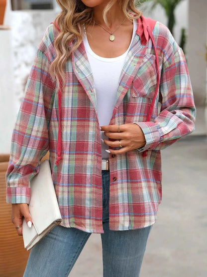 Plaid Button-Up Hooded Shirt with Chest Pocket