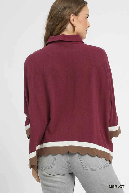 Umgee Colorblock Button-Down Shirt with Scallop Hem