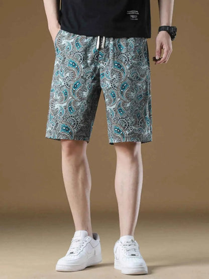Men's Plus Size Paisley Print Drawstring Beach Shorts
