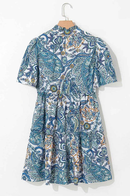Paisley Floral V Neck Short Sleeve Mini Dress