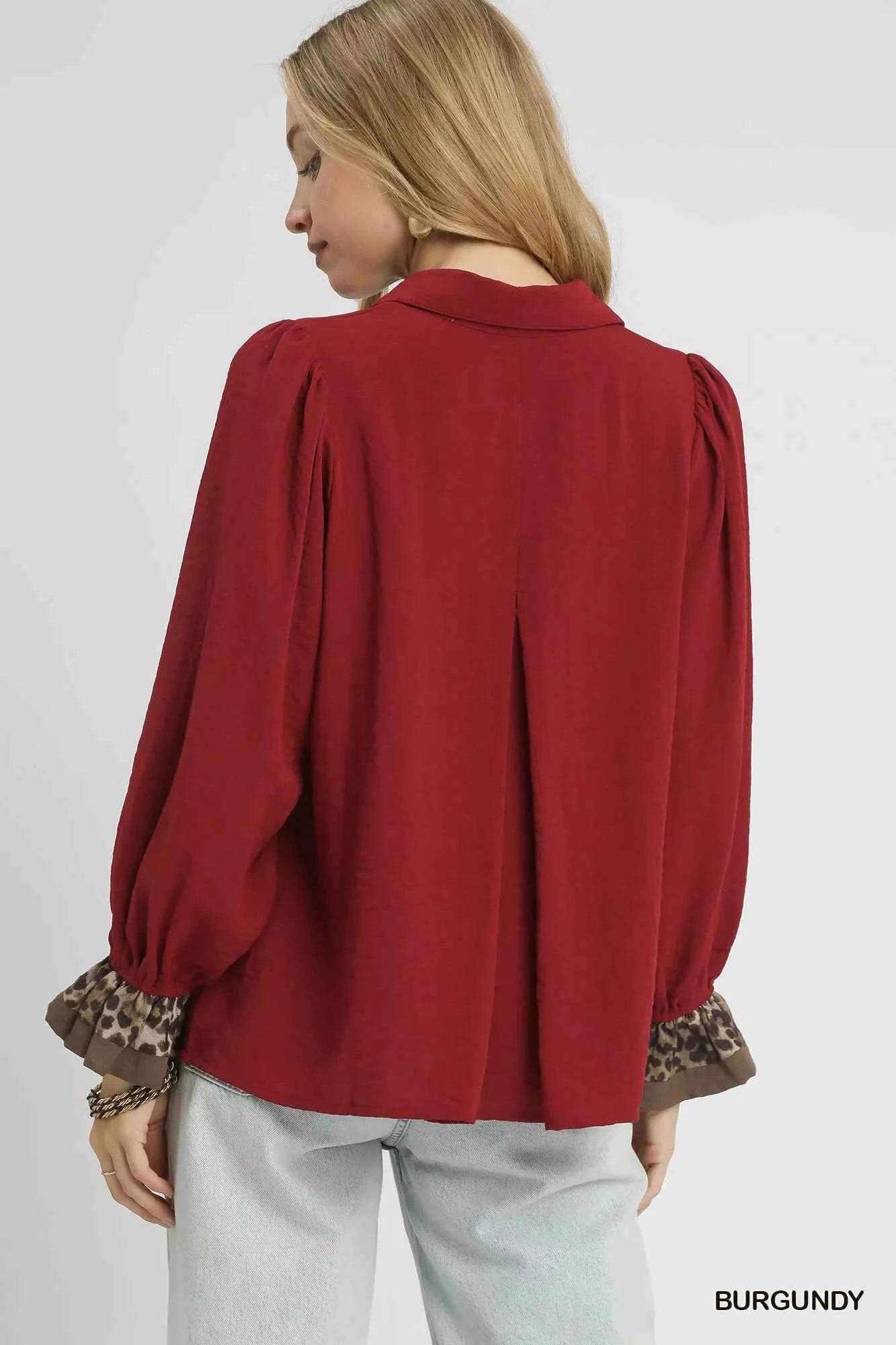 Umgee Half Button Blouse with Leopard Print Trim