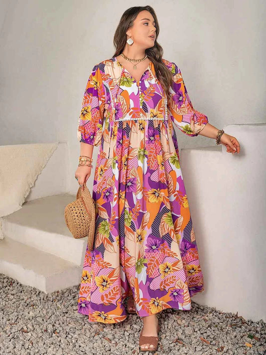 Plus Size Printed Tie Neck Maxi Dress