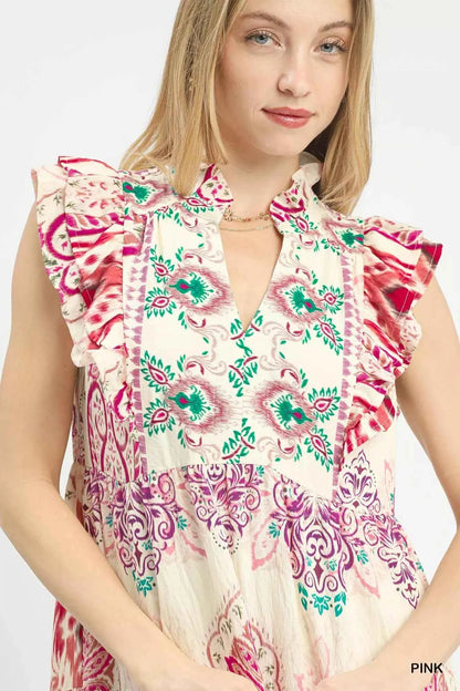 Umgee Boho Boarder Print Ruffle Midi Dress