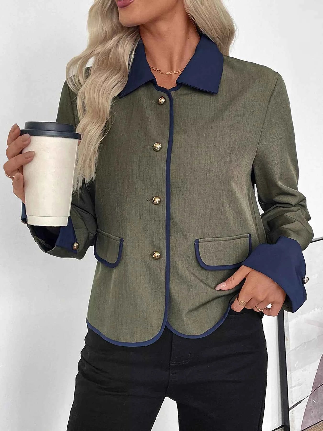 Contrast Trim Button-Up Jacket