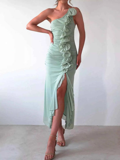 One-Shoulder Ruffle Slit Dress