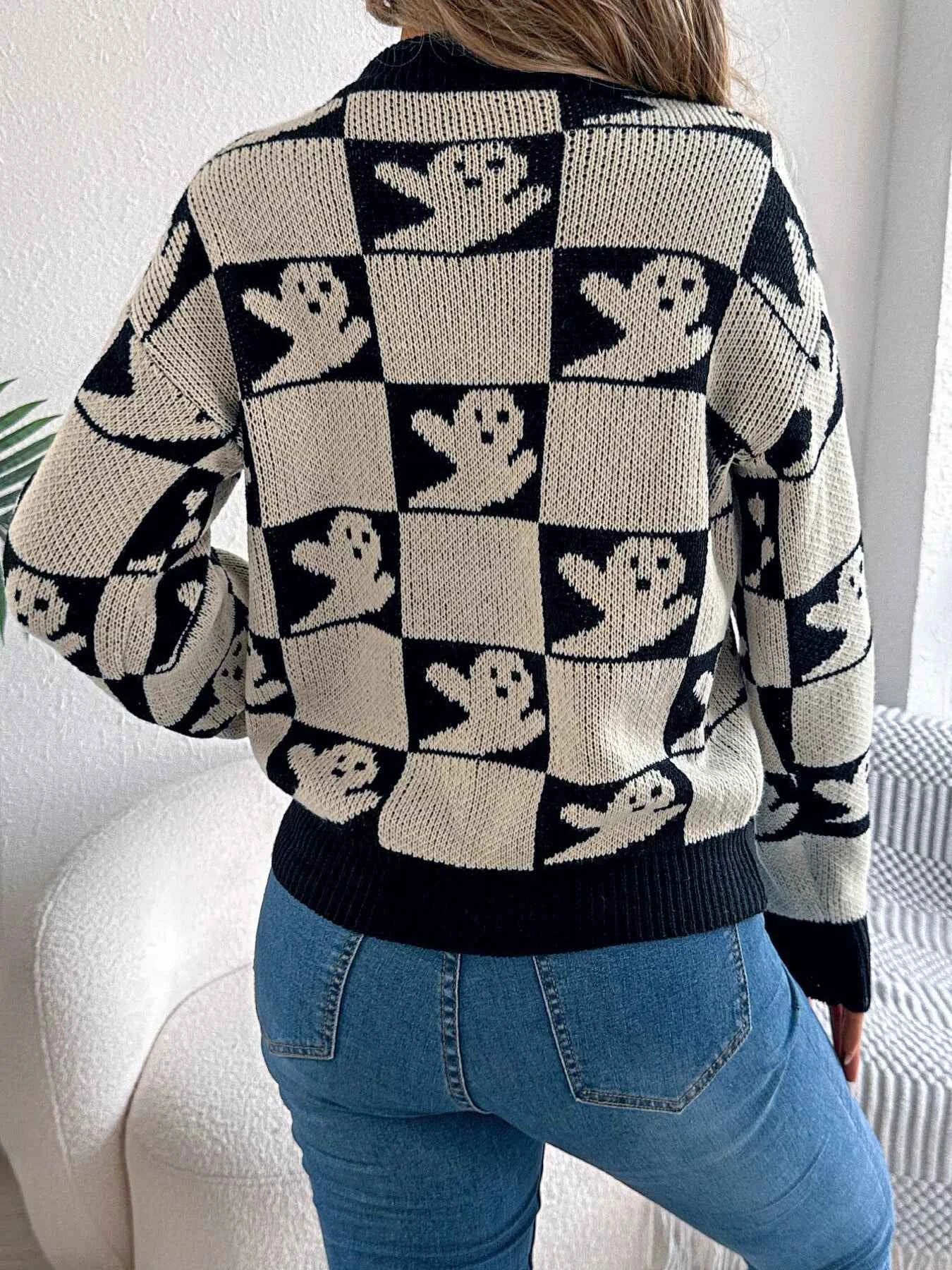Halloween Ghost Pattern Checkered Round Neck Sweater