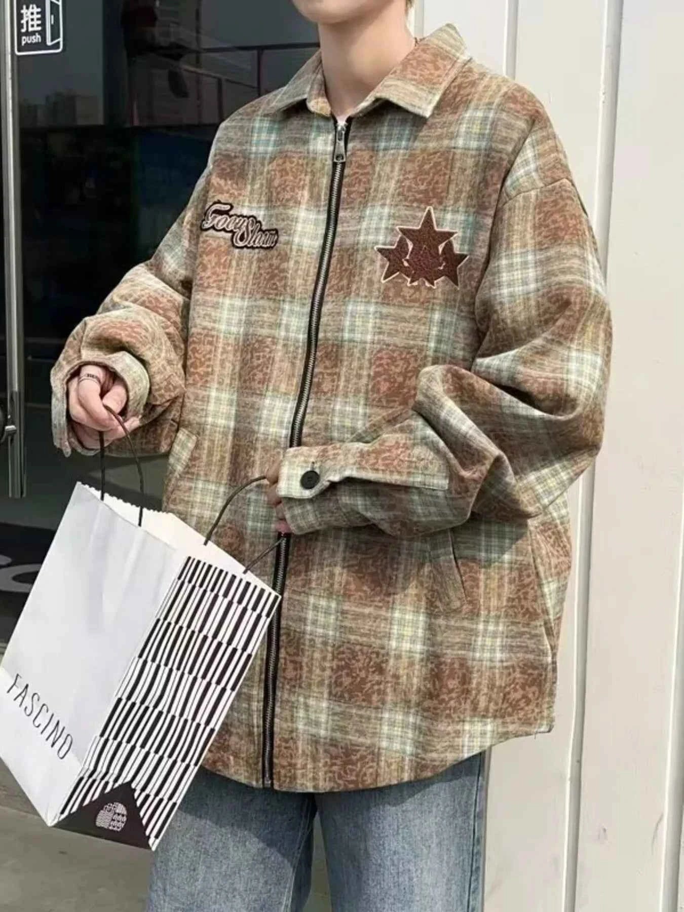 Men's Plaid Zip Up Long Sleeve Jacket