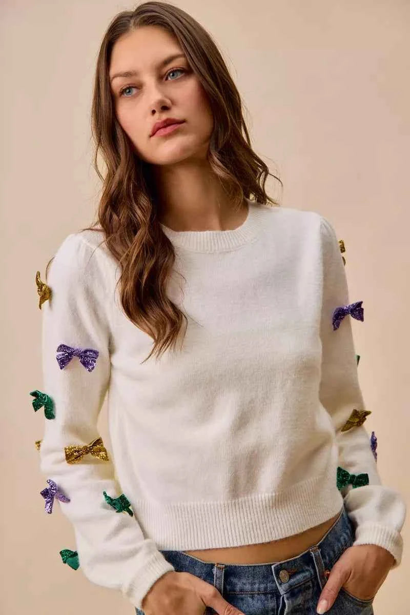 SO ME Mardi Gras Glitter Bow Ribbon Sweater Knit Top