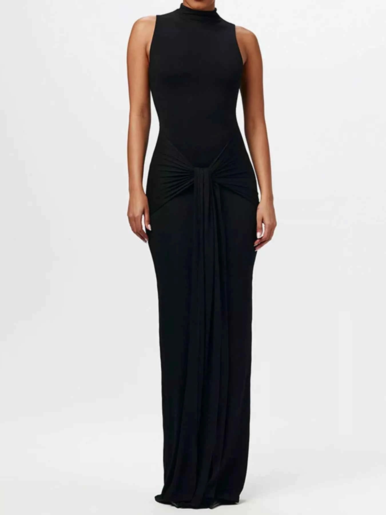 Sleeveless Mock Neck Knot Front Maxi Dress