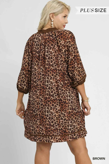 Umgee Full Size Leopard Print Mini Dress with Contrast Trim Plus Size
