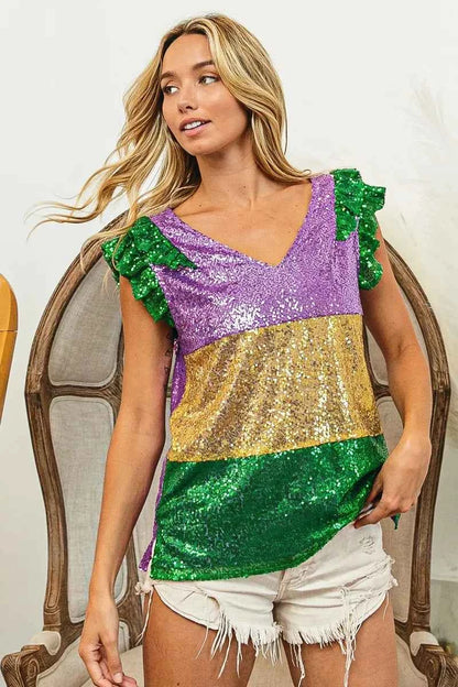 BiBi Mardi Gras Sequin Color Block Ruffled  Top