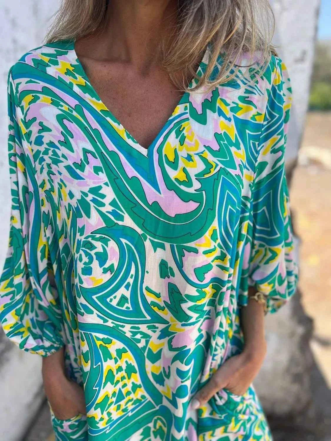 Full Size Printed V-Neck Dress with Pockets Plus Size