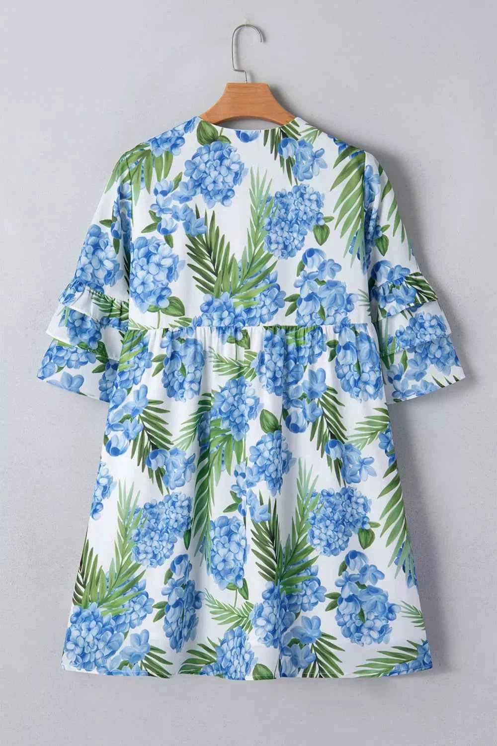 Palm Floral Print Contrast Ribbon Knot Ruffle Tiered Sleeve Mini Dress