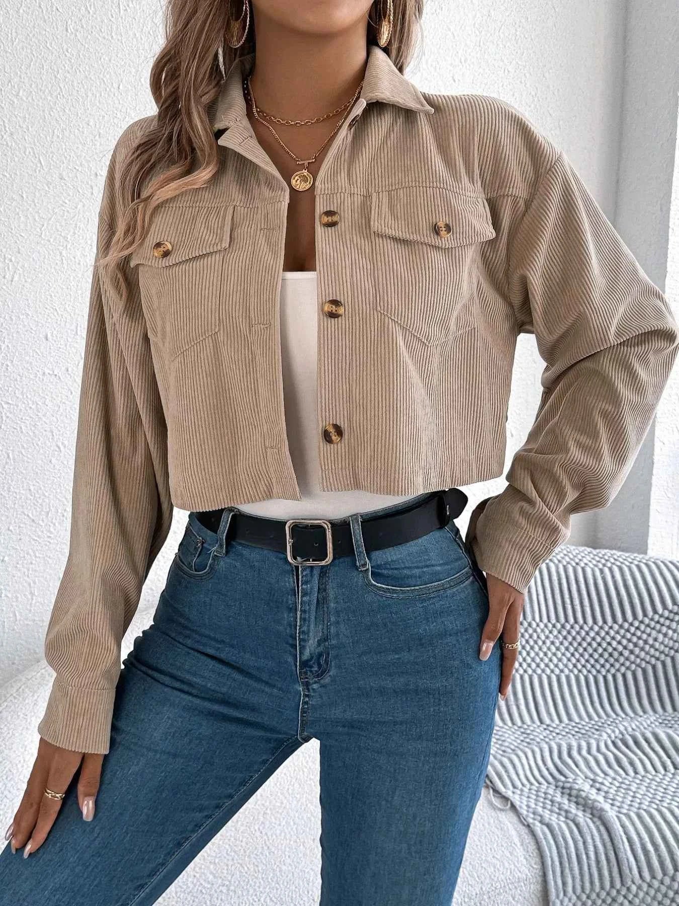 Corduroy Button-Up Dropped Shoulder Jacket