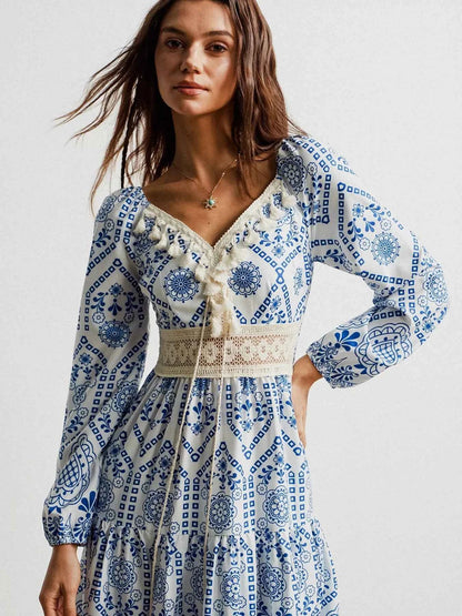 Bohemian Print Midi Dress with Tassel Detail