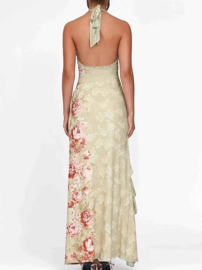 Floral Print Halter Neck Ruched Maxi Dress