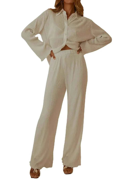 Collared Neck Long Sleeve Top and Pants Lounge Set