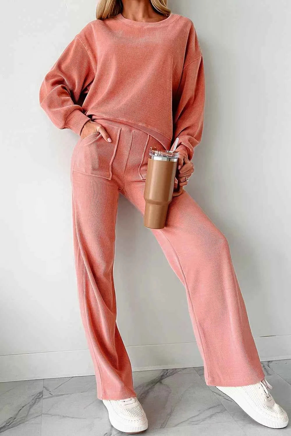 Ribbed Round Neck Top and Pants Set