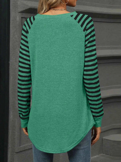 Striped Round Neck Raglan Sleeve T-Shirt