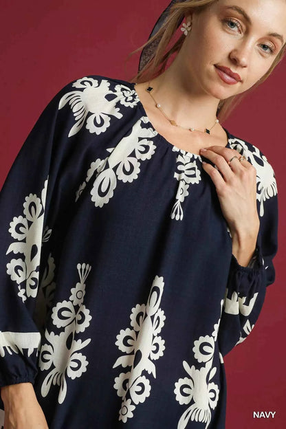 Umgee Two Tone Border Print Top with Balloon Sleeves