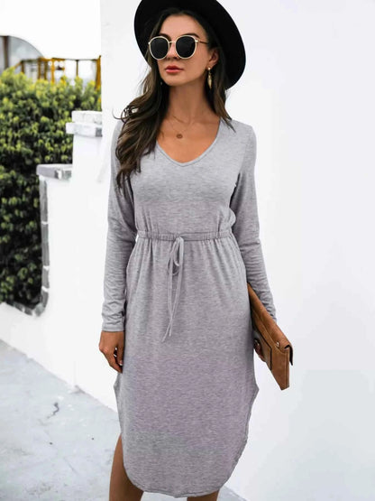 Drawstring Waist Long Sleeve Casual Dress