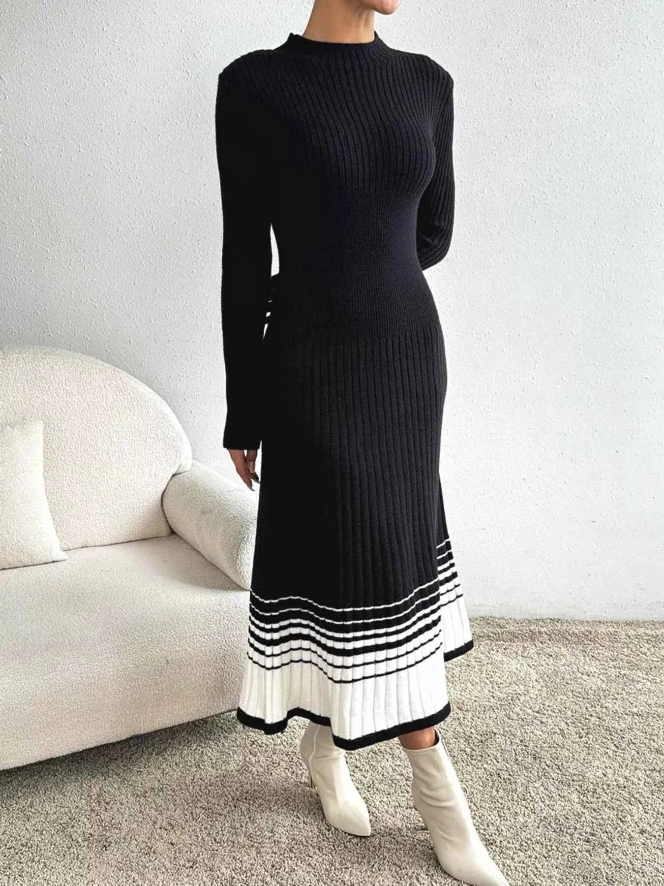 Ribbed Knit Sweater Dress with Striped Hem