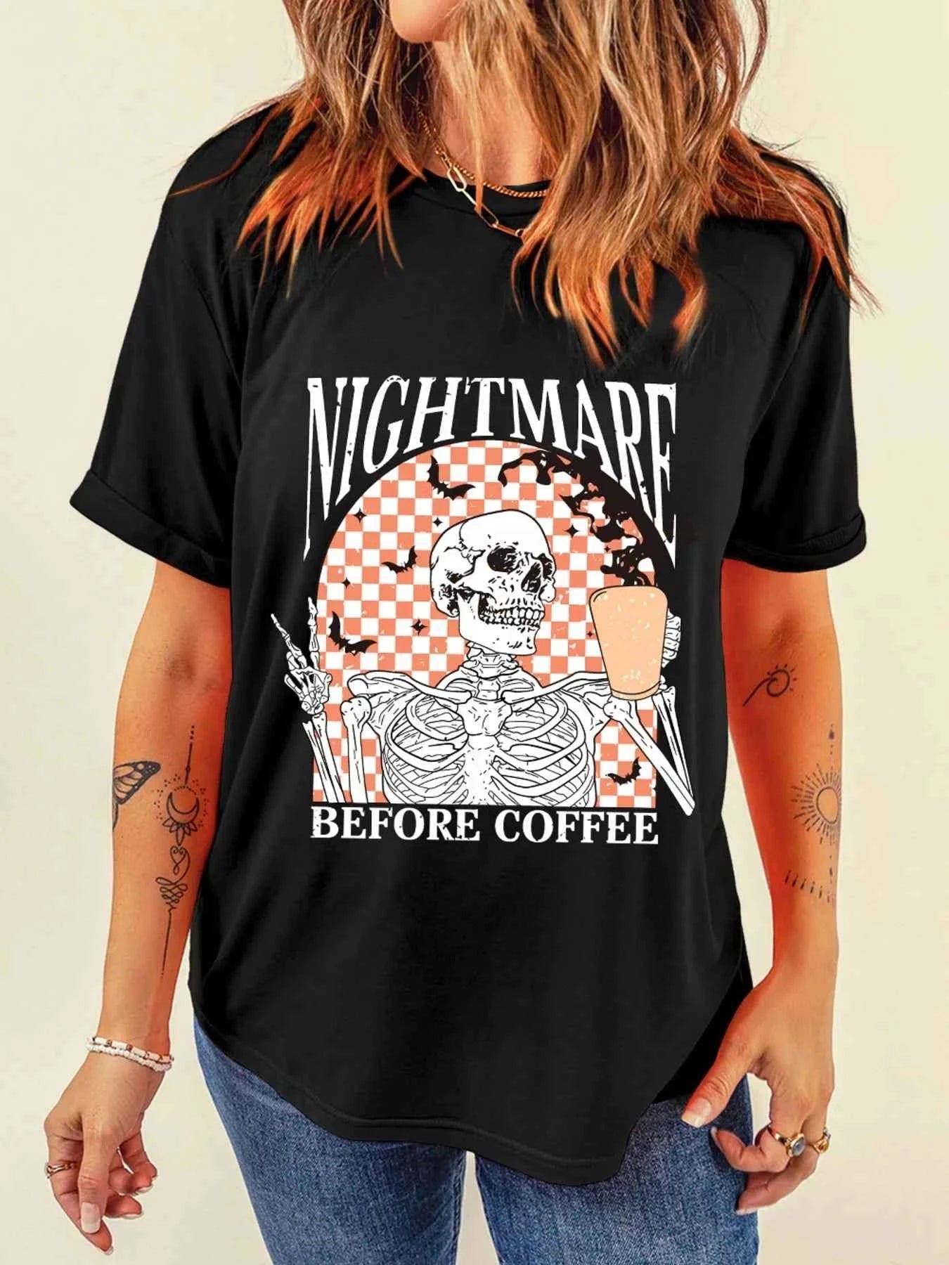 Halloween Skull Checkerboard Graphic Round Neck Tee