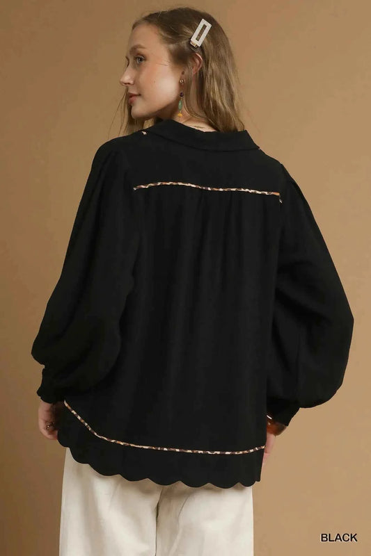 Umgee Full Size Linen Scallop Hem Blouse with Contrast Trim Plus Size