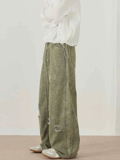 Men's Washed Wide Leg Distressed Pants