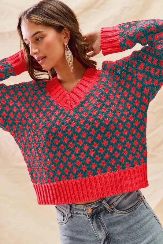 SO ME Color Block Textured Christmas Sweater V Neck Top