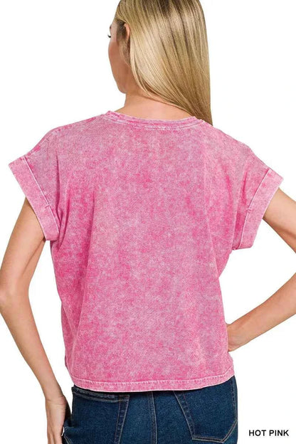 Zenana Halo Washed Cotton Cuffed Short Sleeve Top