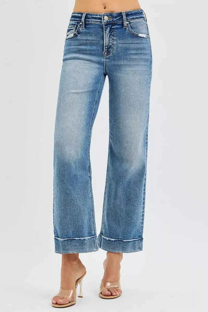 RISEN Full Size Mid Rise Crop Straight Jeans with Taylor Cuffed Plus Size