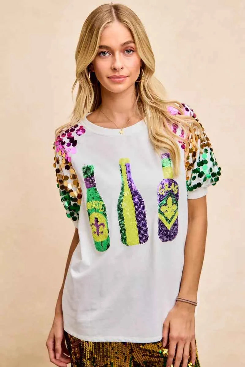 BiBi Sequin Mardi Gras Bottles Spangled Sleeve Top