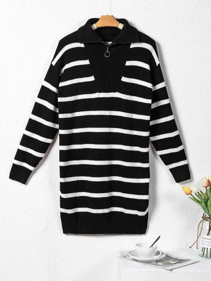 Striped O-ring Zip Collared Loose Sweater Mini Dress