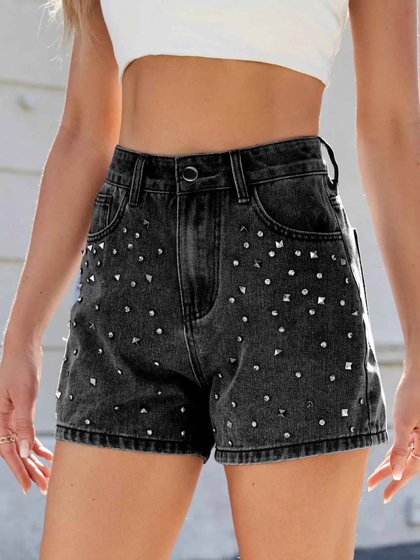 Studded High Waist Denim Shorts