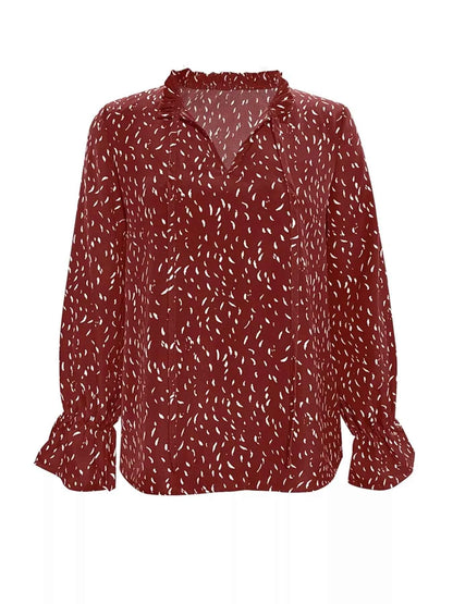 Ruffled Printed Tie Neck Long Sleeve Blouse