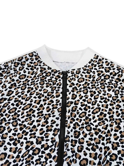 Leopard Zip Up Bomber Jacket with Contrast Side Stripes