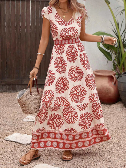 Printed V-Neck Cap Sleeve Dress