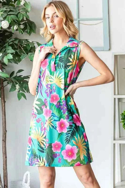 Heimish Full Size Floral Johnny Collar Sleeveless Dress Plus Size
