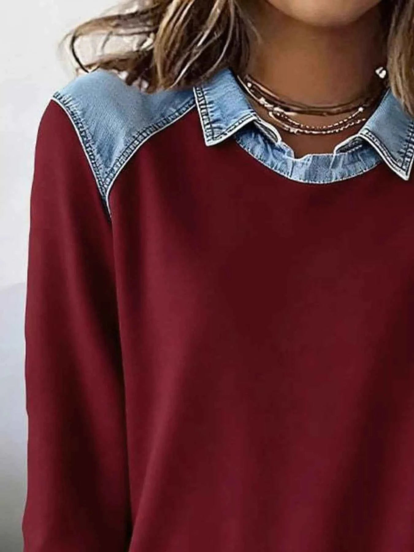 Full Size Denim Trim Long Sleeve Top Plus Size